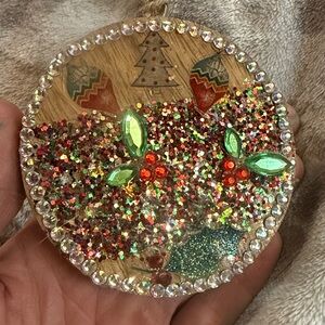 Festive Glitter Holiday Ornament wooden dbl sided NEW